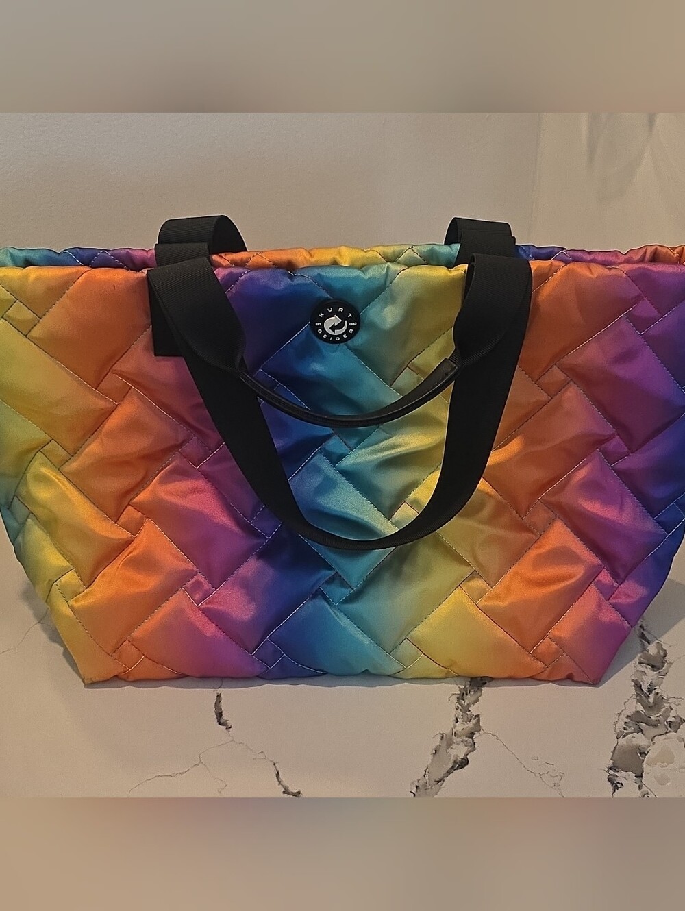 Kurt Geiger London Multicolor Rainbow Recycled Nylon Quilted Shopper Tote.